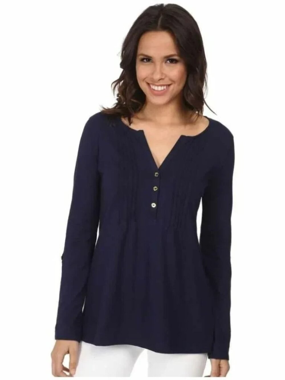 Lilly Pulitzer Dorothy Navy Blue V-Neck Roll Tab Sleeve Pima Cotton Tunic XS
